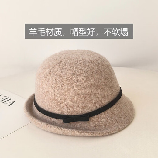 Woodpecker (TUCANO) simple ladylike style wool knitted top hat for women in autumn and winter, elegant and warm, showing face, little fisherman hat, bow basin hat, khaki color, adjustable (53-59cm head circumference)