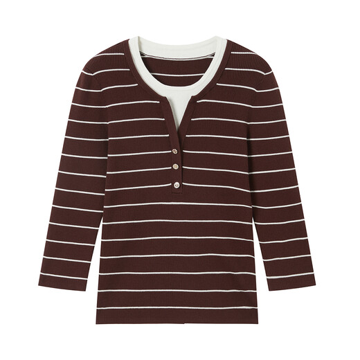 JUZUI ageless fake two-piece striped short-sleeved sweater for women 2026 spring new style JWGC31205 Barbecue Cafe M