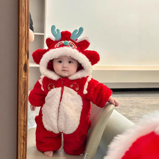 Modal baby New Year's greetings clothes for winter outings, Chinese style, foreign style, fashionable baby jumpsuits, winter clothes, warm New Year cotton clothes, red Dragon Dance New Year thickened khaki 66cm, recommended age 3-6 months (8-13Jin Jin equals 0.5kg)