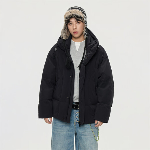 GROUND ZERO shopping mall same style high filling capacity 90 white duck down couple style hooded down jacket black L