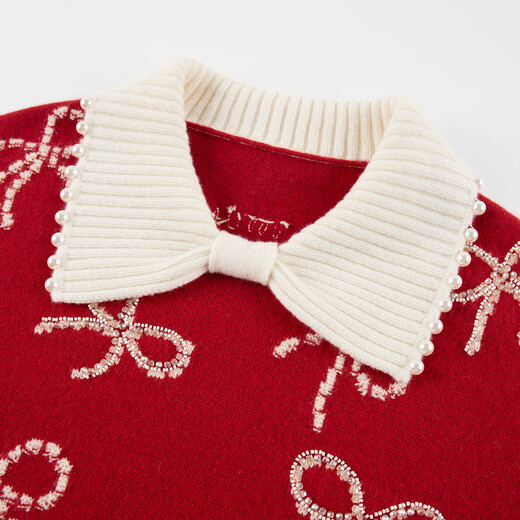 UOOYAA/Wuya 2026 Spring New Fantasy Carnival Bead Embroidery Bow Red Pullover Sweater Red M