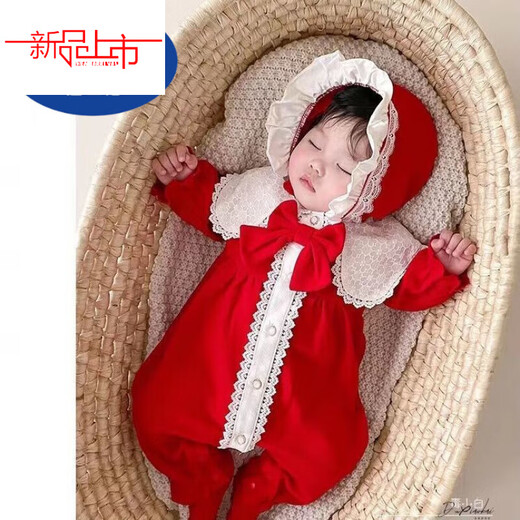 Disney baby spring and autumn long-sleeved one-piece baby girl cute princess harem Internet celebrity fashion full moon 100-day outing romper red J hooded lace collar one-piece 66 52cm