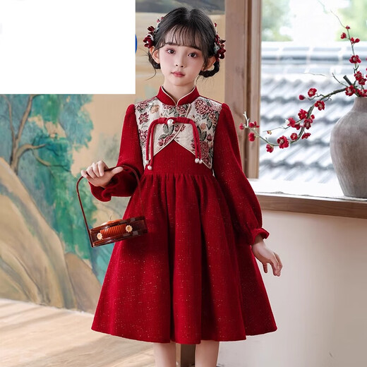 Didi.Ni HEYDIDY girls' cheongsam dress winter 2025 new girl's New Year's greetings dress plus velvet children's winter dress red princess dress red plus velvet 140 cm