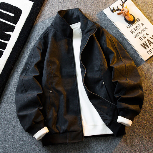 Playboy Retro Distressed Stehkragen Motorrad-Lederjacke Herren American Cleanfit Kurze Wildlederjacke Braun L (126-150 Jin Jin entspricht 0,5 kg)