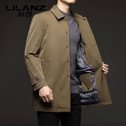 利郎（LILANZ）羽绒服男中长款外套秋冬中老年翻领白鸭绒加厚保暖风衣外套 绿色 M