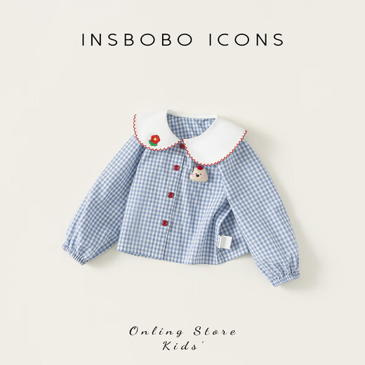 INSBOBO Girls' Shirts 2026 Spring and Autumn New Baby Girl's Baby Doll Shirt Children's Spring Style Tops Children's Clothing Trend Blue and White Checkered 80
