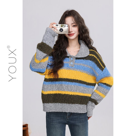 Youxiang frost dyed autumn sweater retro striped color matching polo collar thickened lazy sweater for women 2025 winter new style blue and yellow stripes S