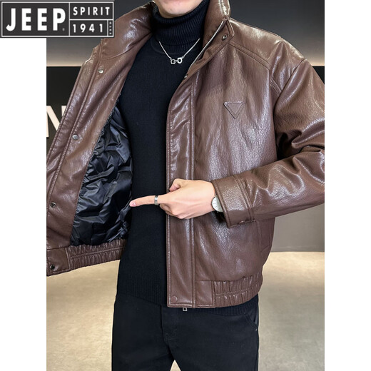 JEEP吉普免洗机车皮羽绒服男冬季2025新款立领休闲加厚保暖外套男装潮 黑色 M 推荐100-130斤