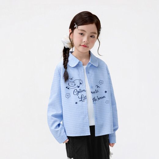 Xiaoyinman children's clothing girls' shirt cartoon print 26 spring fashionable lapel casual top for middle and older children and girls blue grid 120