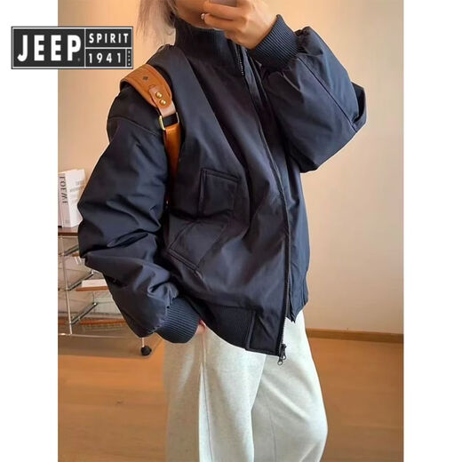 JEEP SPIRIT吉普藏青色轻薄鸭绒羽绒服男冬季美式抗寒保暖立领工装外套 黑色 5XL 200至220斤可穿