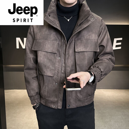 JEEP SPIRIT Leather Down Jacket Men's Winter Stand Collar 2025 New Casual Big Pocket American Retro Thickened Winter Jacket Brown M 100-130Jin Jin is equal to about 0.5 kg