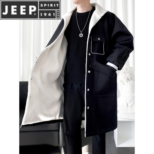 JEEP SPIRIT加绒加厚风衣男长款拼接大衣帅气男装单排扣翻领披肩冬季上衣外套 黑色 M
