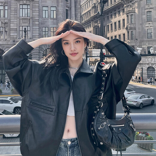 GARNUO Black Leather Jacket Women's High-Quality Small 2025 New Spring Autumn Winter American Retro Motorcycle Leather Jacket Black M 106-125Jin Jin is equal to 0.5 kg