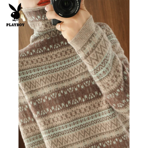 Playboy (PLAYBOY) Fair Isle Retro Jacquard Knitted Sweater Women's Turtleneck Sweater Autumn and Winter New Thick Pullover Versatile Knitted Sweater Women Red S Recommended 85-95Jin Jin equals 0.5 kg