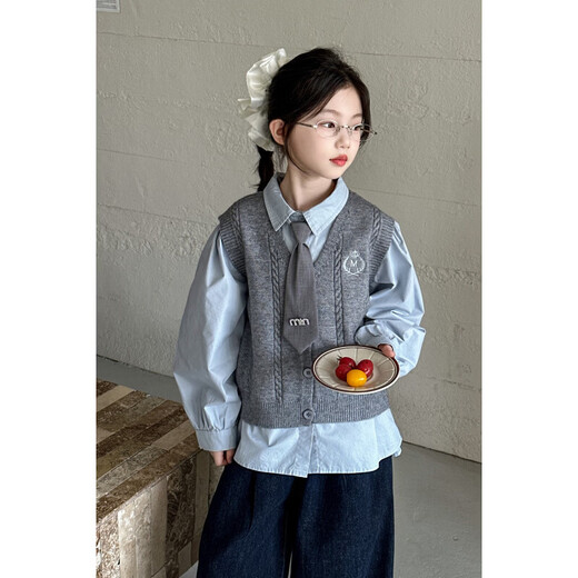 FHHUABD girls autumn college style suit 2026 girls autumn fashionable casual sweet shirt vest three-piece set gray vest and shirt 120 cm
