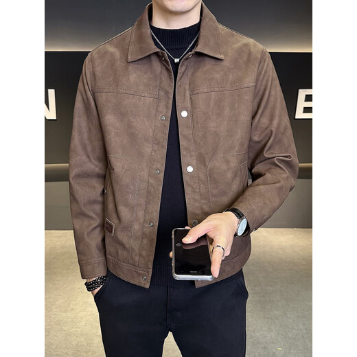 Xiaohongshu hot style men's jacket 2025 new spring and autumn trendy brand lapel sense handsome casual motorcycle leather black gray L