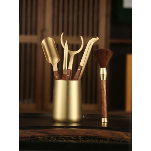 He Jiagong Pure Copper Tea Ceremony Six Gentlemen Set Light Luxury Dragon Pattern Carved Tea Set Accessories Complete Collection of Handmade Tea Art Tools Tea Tweezers All Copper Series-Double Dragons Playing with Pearls Six Gentlemen (about 1000 grams of brass) Free tea