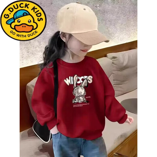 G.duck little yellow duck red girls' sweatshirt with velvet for autumn and winter, thickened, western-style children's kindergarten class uniforms for middle-aged and older children, round, Ankola red-OOOM, spring and autumn without velvet, 90 cm