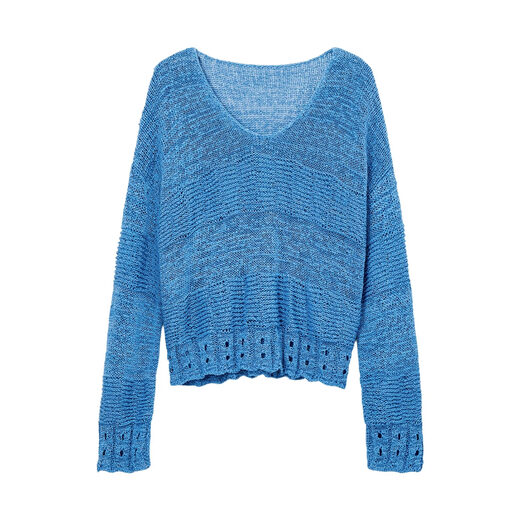 Yanyu blue woolen V-neck sweater 2026 spring new style loose lazy style comfortable casual women's top blue L