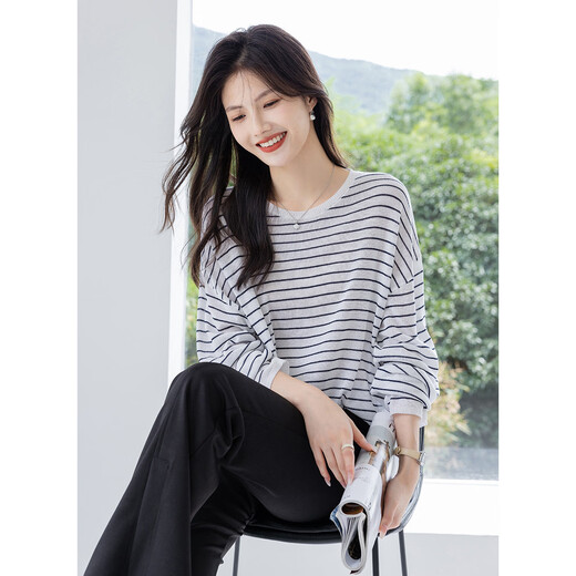 Ives (ITISF4) chic lazy style long-sleeved T-shirt Korean striped loose slim casual top white one size