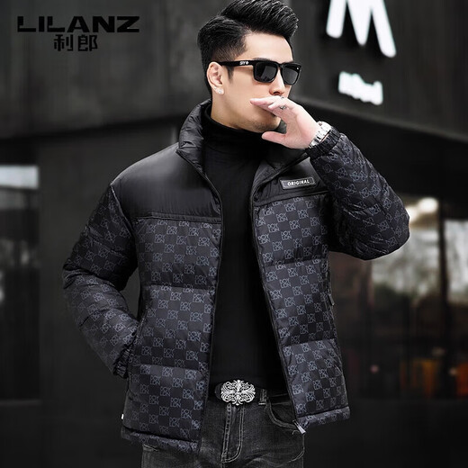 利郎（LILANZ）鹅绒羽绒服男短款2025新款冬季加厚保暖立领中年防寒男外套 黑色 XL 180