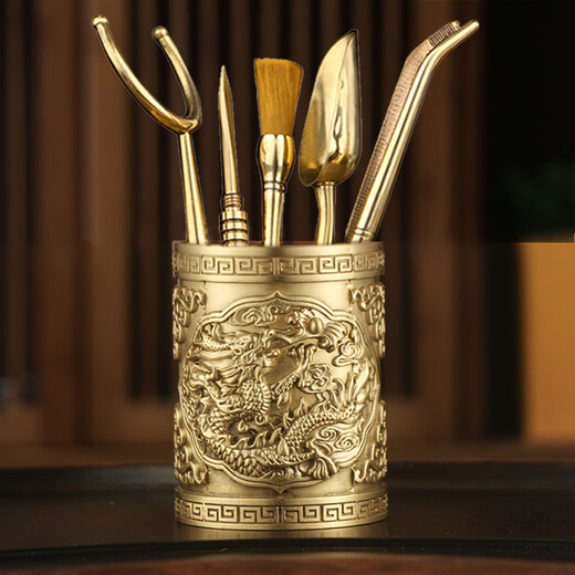 He Jiagong Pure Copper Tea Ceremony Six Gentlemen Set Light Luxury Dragon Pattern Carved Tea Set Accessories Complete Collection of Handmade Tea Art Tools Tea Tweezers All Copper Series-Double Dragons Playing with Pearls Six Gentlemen (about 1000 grams of brass) Free tea