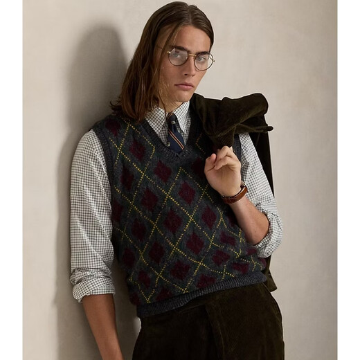 RALPH LAUREN Ralph Lauren international big-name men's vest diamond plaid wool blend sweater vest 2026 autumn and winter warm top gift Charcoal Combo charcoal gray combination S bust 89-94 cm