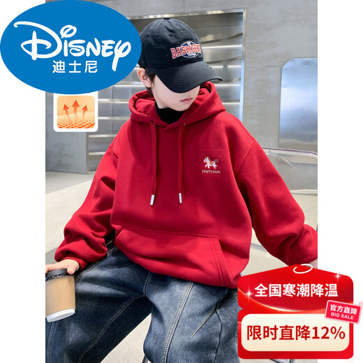Disney Boys Red Sweatshirt Autumn and Winter New Children's Zodiac New Year Year of the Horse Thickened Winter Velvet New Year's Eve Clothing New Year Cotton Jacket Style Red Velvet Thickened 130 cm