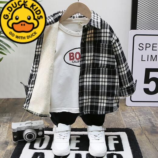 G.duck brand boys' shirt, children's long-sleeved velvet autumn and winter plaid shirt, medium and large children's brushed loose and handsome jacket, black velvet, size 140