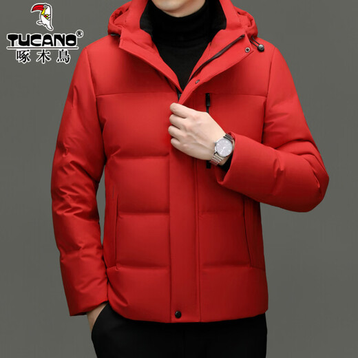 Woodpecker Short Down Jacket Men's Winter 2026 New 90 White Duck Down Thickened Warm Lock Hooded Bread Jacket RR-YR9829 Red M
