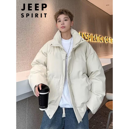 JEEP SPIRIT Jeep American PU leather stand collar short down jacket men's thickened warm down jacket winter ootd wear surface off-white 3XL 165--190Jin Jin equals 0.5 kg can be worn