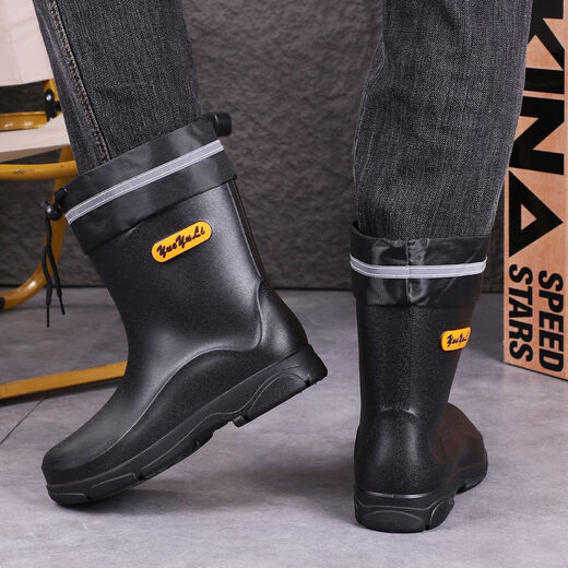 Rain boots men's non-slip wear-resistant high-top water shoes thick-soled anti-odor rain boots plus velvet warm waterproof shoes kitchen work shoes black-fixed cotton (warm) 42