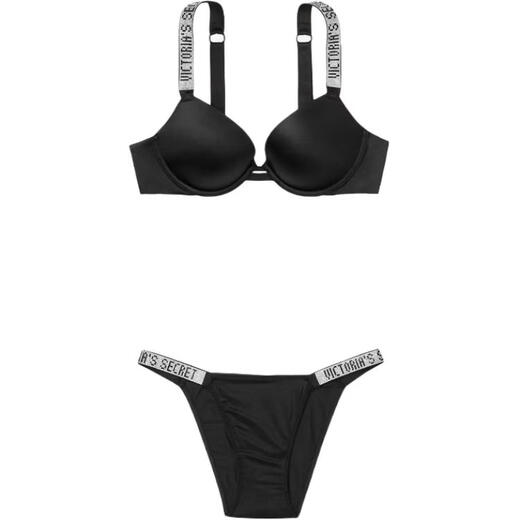 Victoria's Secret Rhinestone Logo Shoulder Straps Push-Up Anti-Sagging Bra Belt Mid-Rise Underwear Underwear Set Women's Suit (Black) S 34DD+(75DD+S)