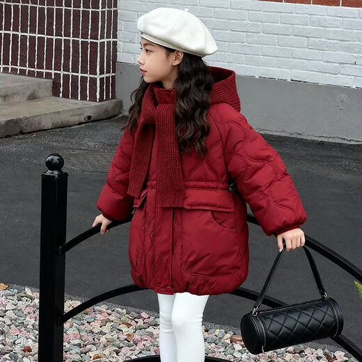 Wooden house girls' velvet thickened cotton jacket 2026 winter new Korean style medium and long versatile cotton jacket girls' large cotton jacket red with woolen hat 150