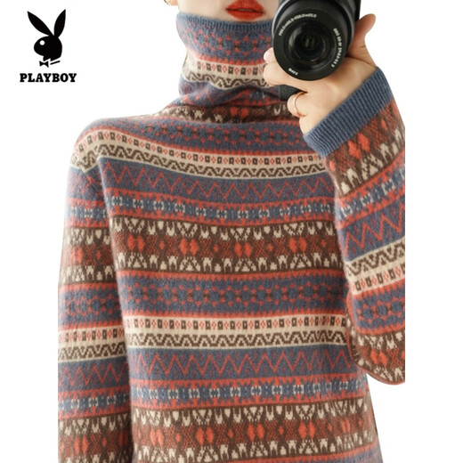 Playboy (PLAYBOY) Fair Isle Retro Jacquard Knitted Sweater Women's Turtleneck Sweater Autumn and Winter New Thick Pullover Versatile Knitted Sweater Women Red S Recommended 85-95Jin Jin equals 0.5 kg