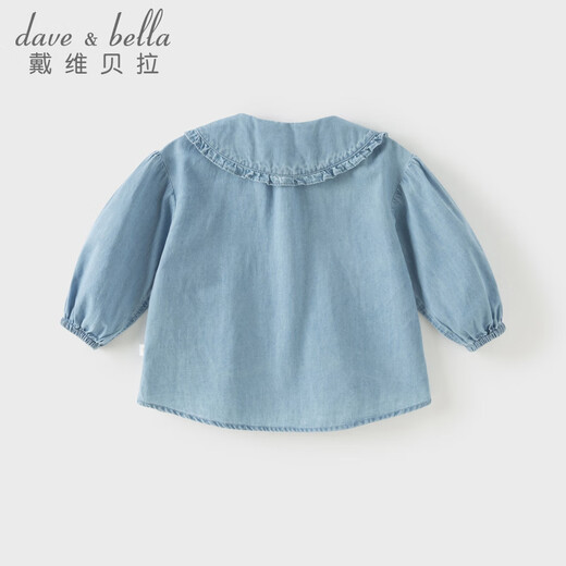 DAVE&BELLA children's shirts 2026 spring new pure cotton girls' denim shirts for baby girls long-sleeved tops children's clothes denim blue ready stock 120 cm (recommended height 110-120cm)