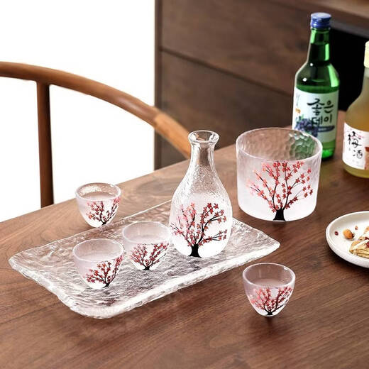 Fantasy hand-painted cherry blossom tree glass wine set white wine rice wine cup household one or two spirit cups warmer jug sake jug cherry blossom tree 1 pot 4 cups + wine warmer + bamboo middle plate + thermostat