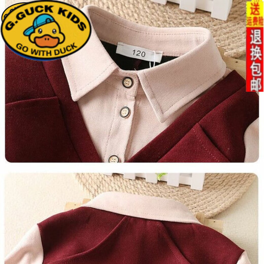 G.duck girls dress spring and autumn new trendy middle-aged and older children's college style male skirt little girl fake two-piece princess dress red 140