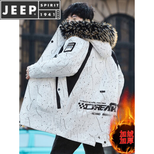 JEEP SPIRIT Winter Men's Workwear Parka Mid-Length Velvet Thickened Hooded Windbreaker Jacket Cotton Clothes White M