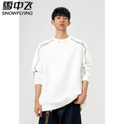 Snow Flying (SNOWFLYING) Retro Edition Top-stitched Rivet Round Neck Sweater Men's 2026 New Spring Trendy Brand Loose Couple Versatile Pullover Top Light Gray M Recommended 95-110 Jin Jin equals 0.5 kg