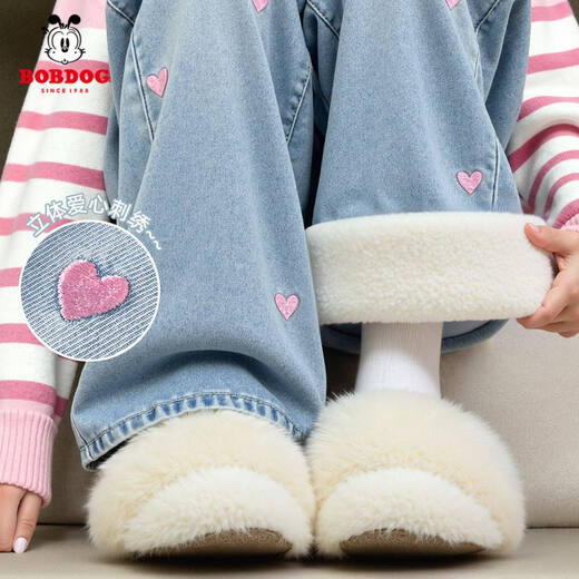 BOBDOG girls' velvet thickened pants new style girls casual jeans all-in-one velvet autumn and winter wear denim light blue 140