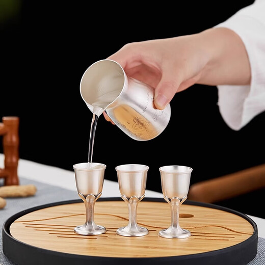 Hetuo Silver Wine Flask and Wine Glass Set Home Wine Divider Liquor Cup Antique Wine Divider + 6 Wine Glasses About 260g