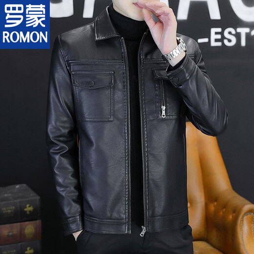 ROMON leather men's jacket Haining motorcycle lapel velvet warm autumn and winter young and middle-aged men's slim leather jacket pocket style black velvet thickened M recommended 90-115 Jin Jin equals 0.5 kg