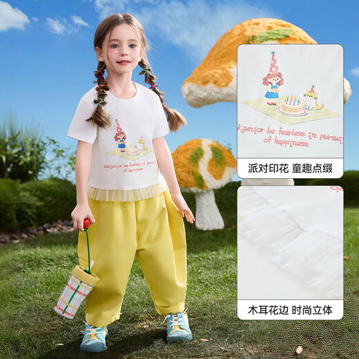 ASK JUNIOR girls 2026 summer new short-sleeved T-shirt tops trendy children's lace children's