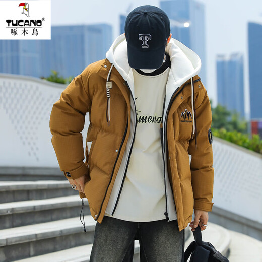 Дятел, искусственный двухсекционный пуховик для мужчин и женщин, утолщенная куртка с капюшоном, мужская зимняя пара носит теплую и морозостойкую одежду 1681, красный L, от 110 до 125, можно носить Джин Цзинь, равный 0,5 кг.