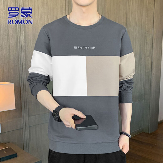 ROMON sweatshirt men's 2026 spring new long-sleeved T-shirt men's jacket casual men's loose top gray XL