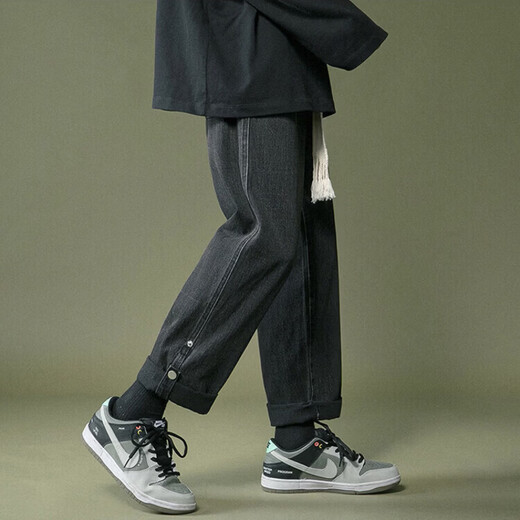 Digada jeans men's autumn and winter simple and loose Hong Kong style retro casual trendy brand straight nine-point pants for men's students HCFS-452 black regular flip-up style L recommended 100-120 Jin Jin equals 0.5 kg