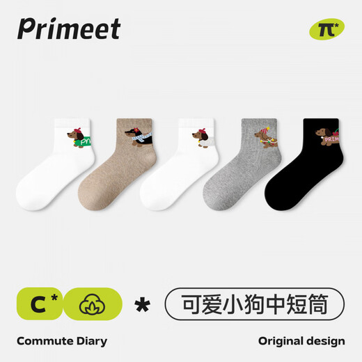 Pami socks women's spring and autumn mid-calf socks 2025 new cute dachshund puppy white short socks with Birkenstock socks Dachshund puppy-pack 5 pairs