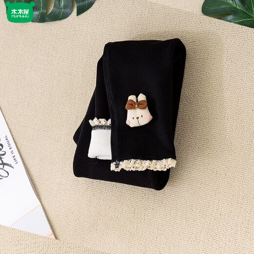 Wooden wooden house girls' velvet thickened leggings 2026 winter new children's clothing outer wear baby casual warm long pants black (thin velvet) 90