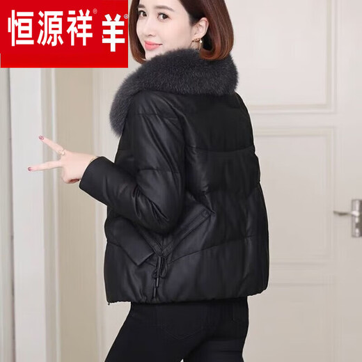 Hengyuanxiang Genuine Leather 2025 Winter New Fox Fur Collar Haining Fur Sheepskin Leather Jacket Down Jacket Women's Short Haining Leather Jacket Women's Genuine Leather Black L Top Ten Genuine Leather Jackets 110Jin Jin is equal to 0.5kg -120Jin Jin is equal to 0.5kg